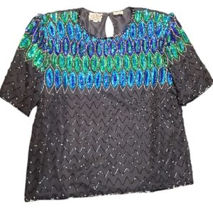 Stenay Vintage Black, Blue, and Green Sequin Women's Silk Top Size Large